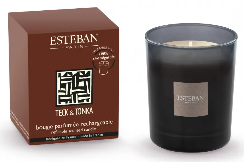 ESTEBAN Bougie parfumée initiale rechargeable 180g Teck et Tonka