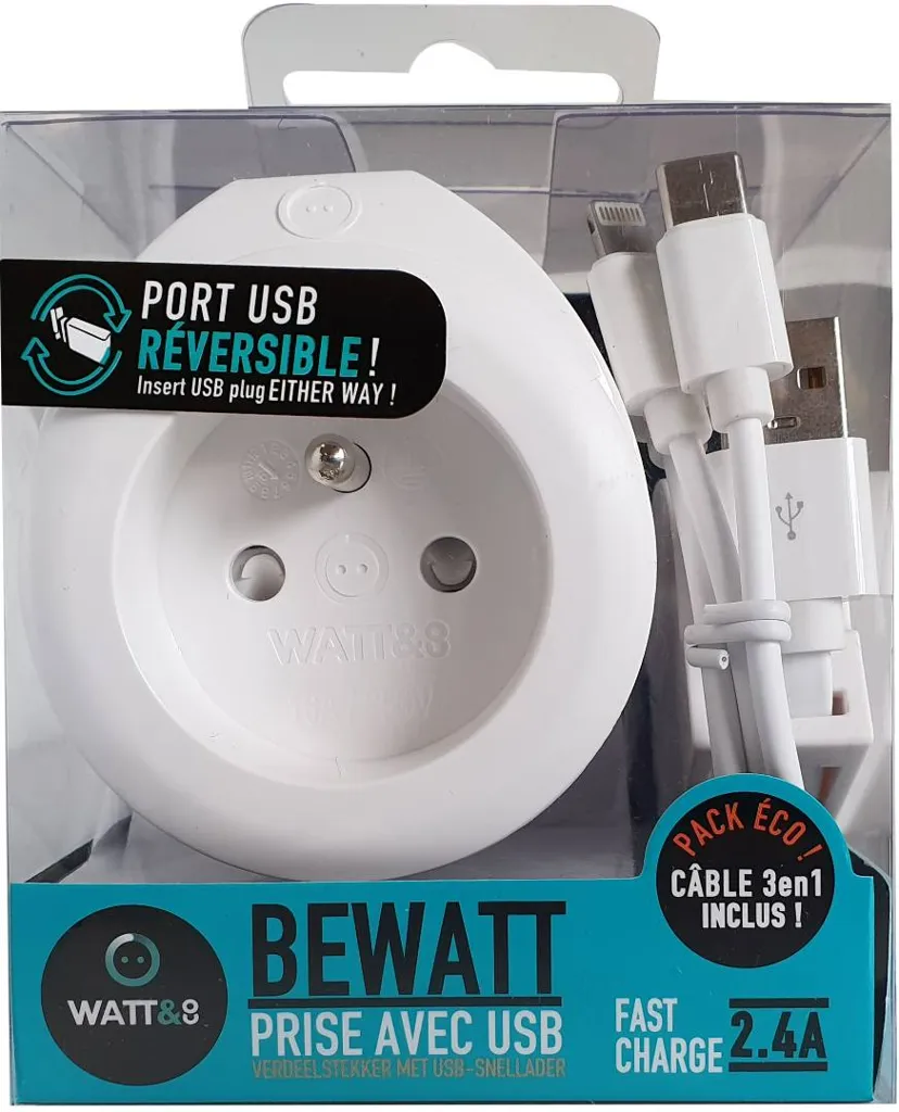 WATT&CO Prise avec Chargeur USB Réversible  - Blanc