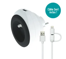 WATT&CO Prise avec Chargeur USB Réversible  - Noir