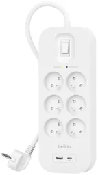 BELKIN Multi-prise Parafoudre - 6 prises - 1 USB-A - 1 USB-C - Blanc