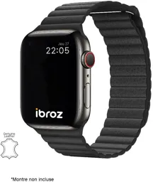 IBROZ Bracelet pour Montre connectée Apple Watch 7, 6, SE, 5, 4 - 42/44/45mm - Cuir - Noir