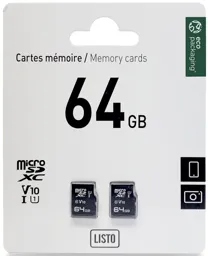 LISTO Carte Micro SDXC UHS-I - 64 Go - 2 Pièces